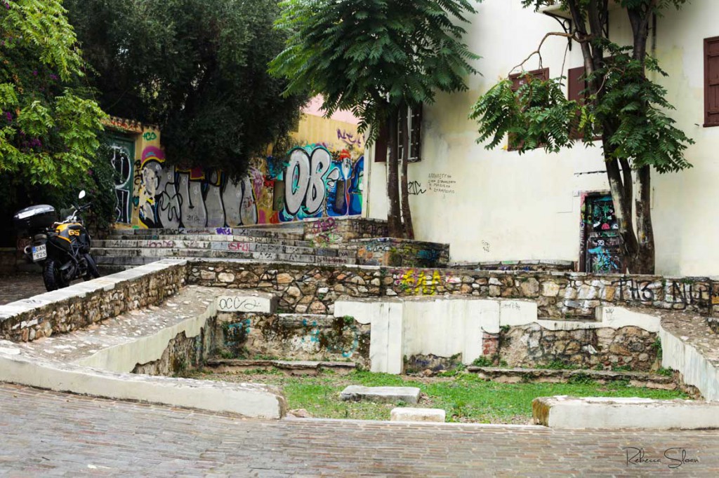 The Plaka is covered in colourful graffiti.