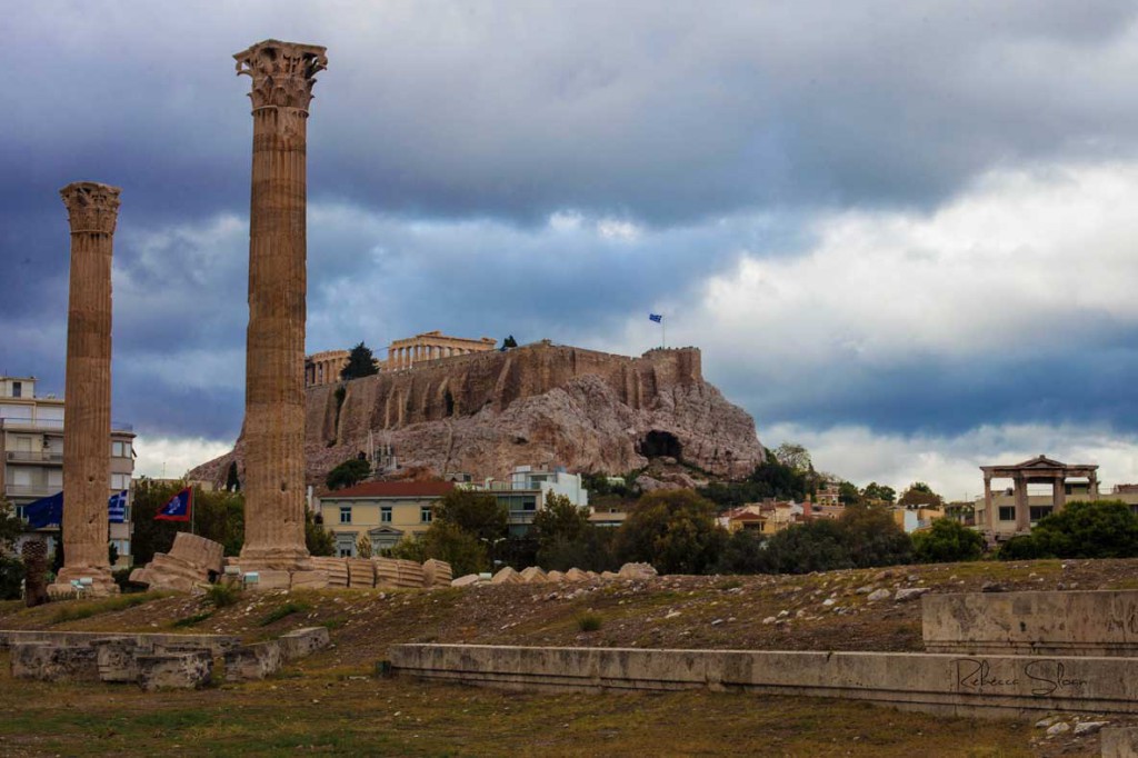 Ruins from the Temple of Zeus and Acropolis in Athens.